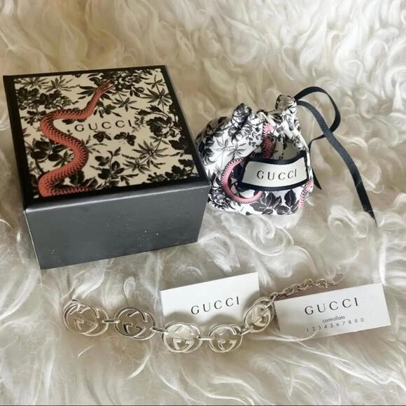 GUCCI  GG logo sterling silver 925 BRITT interlocking link bracelet NIB 8” - Picture 4 of 8